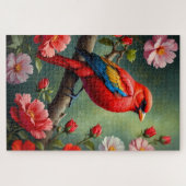 Rode Vogel met Tuinbloemen Botanisch Legpuzzel (Horizontaal)