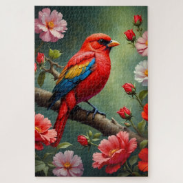 Rode Vogel met Tuinbloemen Botanisch Legpuzzel