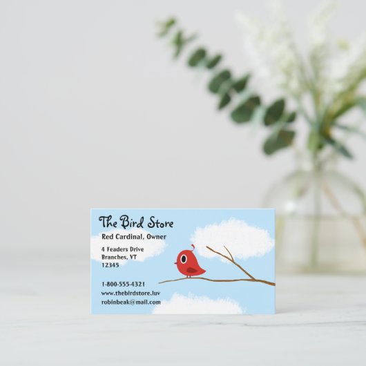 Rode vogel op een boomtak met Cloudy Sky Visitekaartje (Staand voorkant)