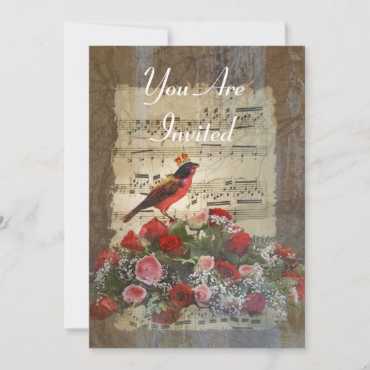 Rode vogelcollage op een  muziekblad kaart (Voorkant)