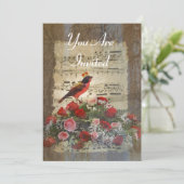 Rode vogelcollage op een  muziekblad kaart (Staand voorkant)