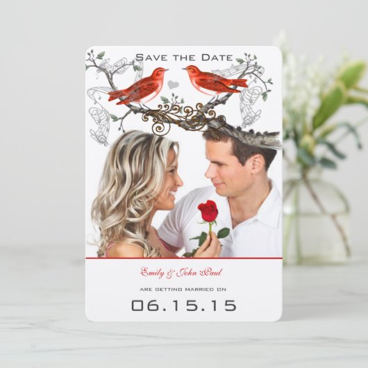 rode vogels bruiloft sparen de datum kaart (Staand voorkant)