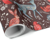 Rode vogels, Deer, Rabbits op Noordse Kerstmis Cadeaupapier (Rol Hoek)