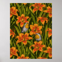 Rode vogels en lelie bloemen, oranje en donkergroe
