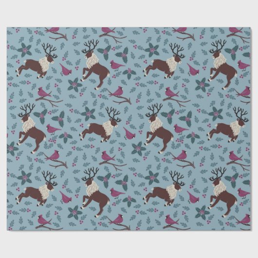 Rode vogels en rendieren (blauw) cadeaupapier (Vlak)
