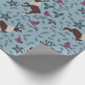 Rode vogels en rendieren (blauw) cadeaupapier (Hoek)