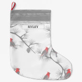 Rode Vogels Grijze takken Patroon Monogram Grote Kerstsok (Voorkant)