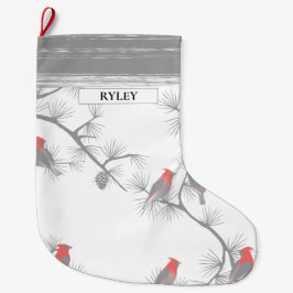 Rode Vogels Grijze takken Patroon Monogram Grote Kerstsok