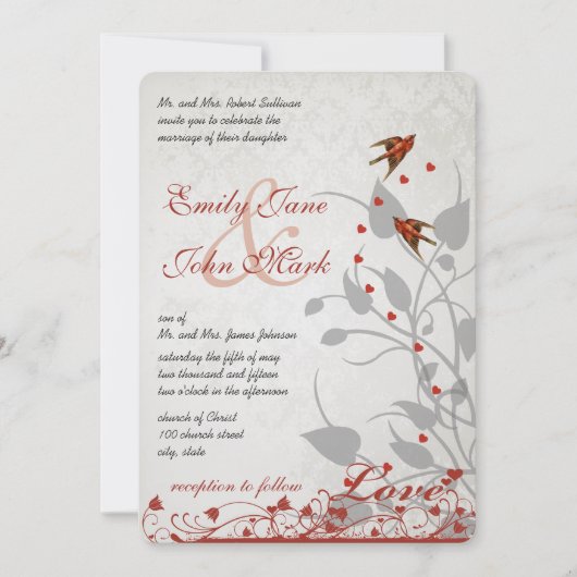  rode vogels Harten op Zilveren bruiloft uitnodigi Kaart (Voorkant)