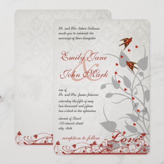 rode vogels Harten op Zilveren bruiloft uitnodigi Kaart (Voorkant / Achterkant)