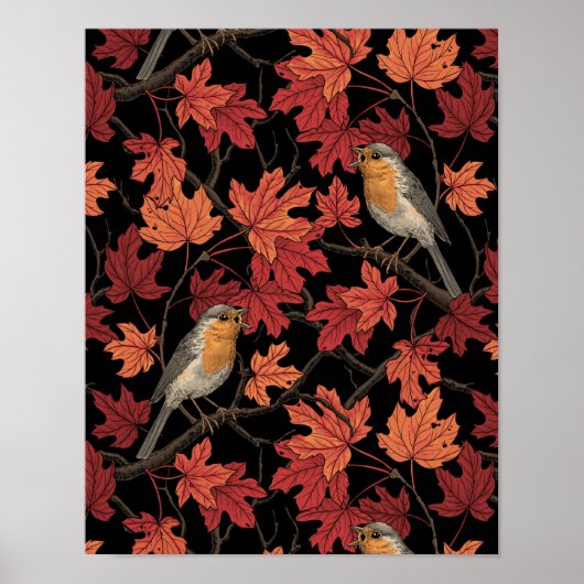 Rode vogels in esdoorn poster (Voorkant)