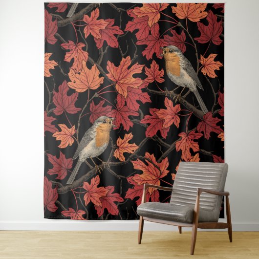 Rode vogels in esdoornboom wandkleed (In situ)