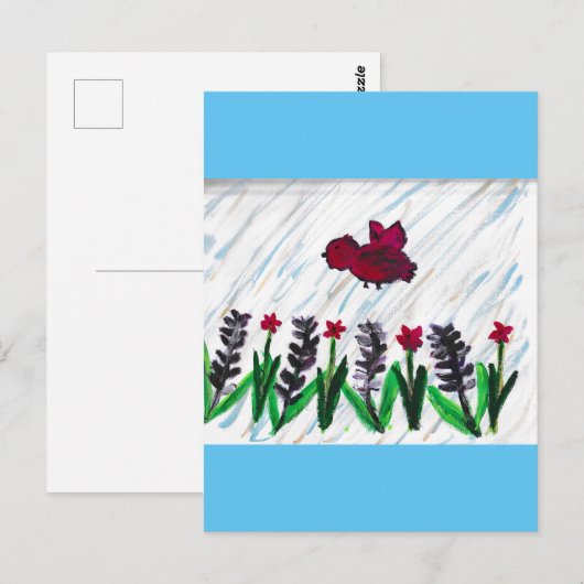 Rode vogels lavendelbloemen briefkaart (Voorkant / Achterkant)