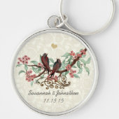 Rode Vogels Roze Bloemen Sleutelhanger (Voorkant)