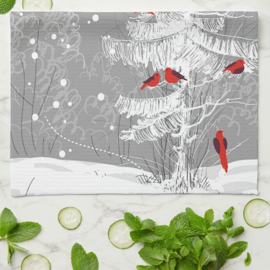 Rode vogels, witte kerst theedoek (Gevouwen)