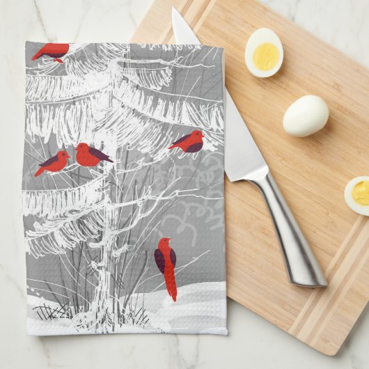 Rode vogels, witte kerst theedoek (Quarter Fold)