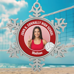 Rode Volleybalspeler Foto Middelbare School Tin Sneeuwvlok Ornament