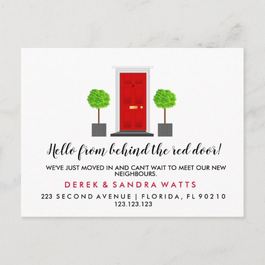 rode voordeur Adreswijziging die we hebben verplaa Aankondigingskaart (Voorkant)