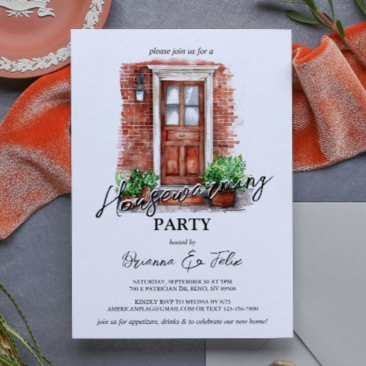 Rode voordeur en bakstenen huis opwarmen partij kaart