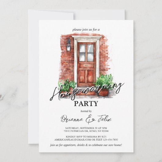 Rode voordeur en bakstenen huis opwarmen partij kaart (Voorkant)