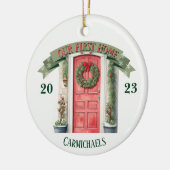 Rode voordeur gepersonaliseerd eerste huis kerst keramisch ornament (Links)