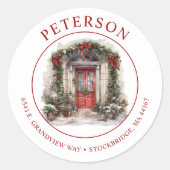 Rode voordeur kerstretour adreslabels ronde sticker (Voorkant)