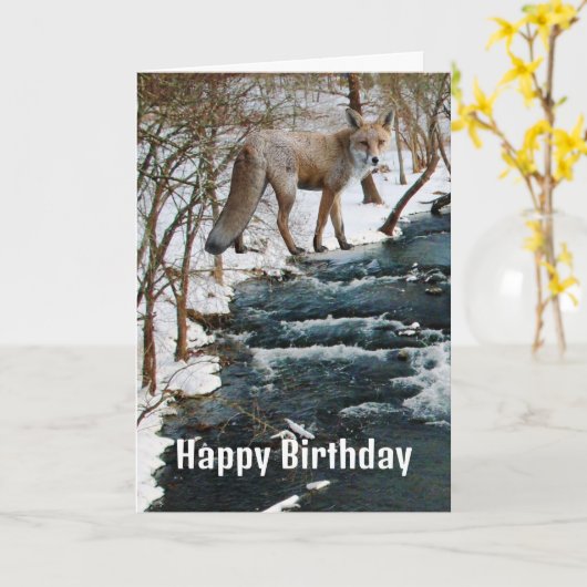 Rode Vos bij Creek Winter Seizoen Verjaardag  Kaart (Gele Bloem)