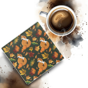 Rode vos bladeren eikels groen glazen onderzetter