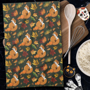 Rode vos bladeren eikels groen theedoek