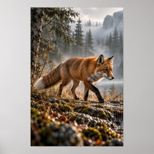 Rode vos die door nevelige bergbossen loopt wild poster