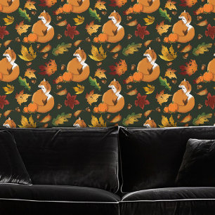 Rode Vos Herfstbladeren Eikels Groen Patroon Behang