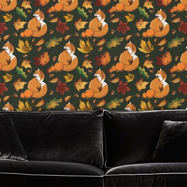 Rode Vos Herfstbladeren Eikels Groen Patroon Behang (Creator heeft geüpload)