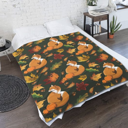 Rode Vos Herfstbladeren Eikels Groen Patroon Fleece Deken