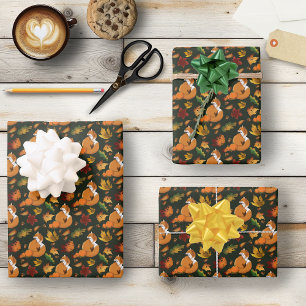 Rode Vos Herfstbladeren Eikels Groen Patroon Inpakpapier Vel