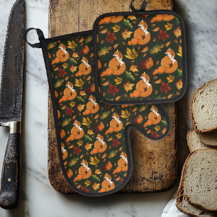Rode Vos Herfstbladeren Eikels Groen Patroon Ovenwant & Pannenlap Set