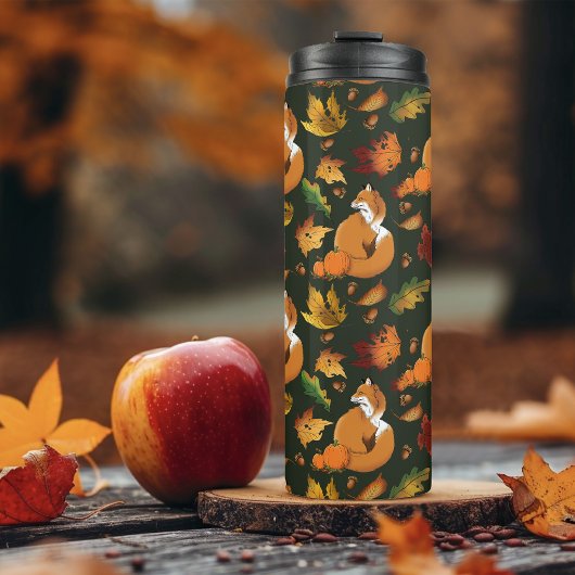 Rode Vos Herfstbladeren Eikels Groen Patroon Thermosbeker