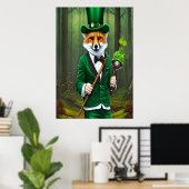 Rode vos in groene kleding | AI Art Poster (Thuiskantoor)