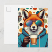 Rode vos in zonnebril met een koffie briefkaart (Voorkant / Achterkant)