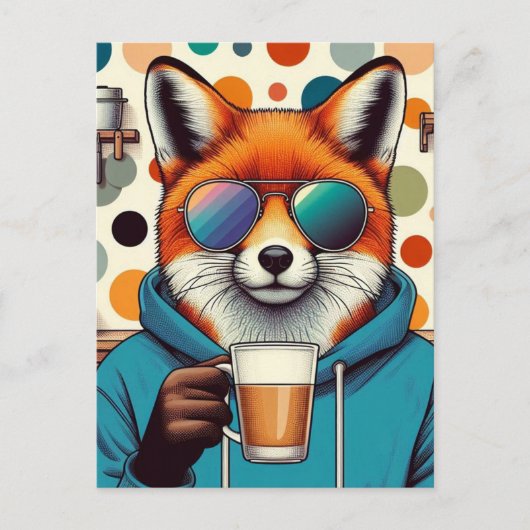 Rode vos in zonnebril met een koffie briefkaart (Voorkant)