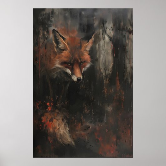Rode Vos Kunst Printbare Sombere Bosvos Schilderin Poster (Voorkant)