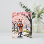 Rode vos lopen met een koffie kersenbloesems briefkaart (Staand voorkant)