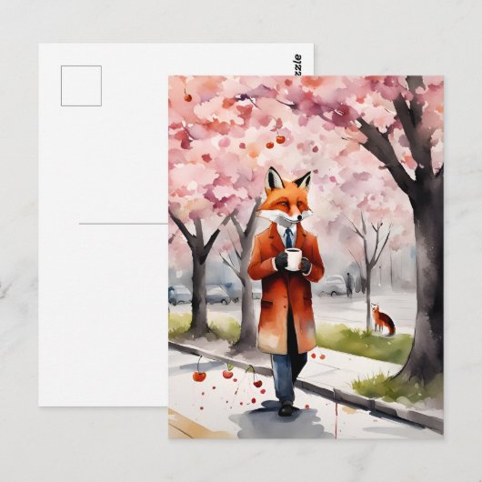 Rode vos lopen met een koffie kersenbloesems briefkaart (Voorkant / Achterkant)