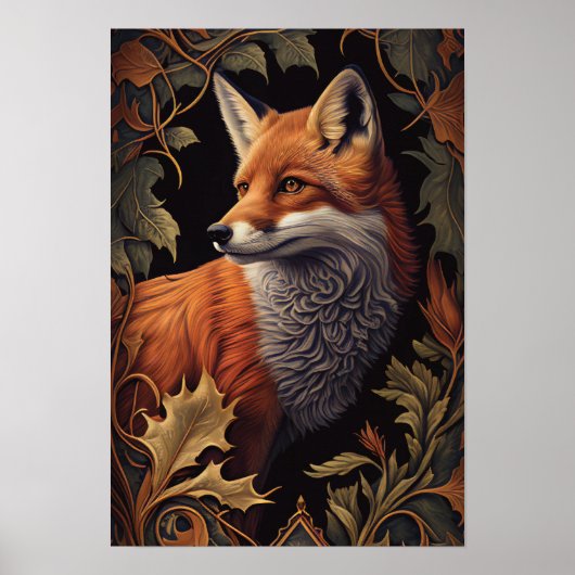 Rode vos met bladeren | Elegant Floral Animal Art Poster (Voorkant)