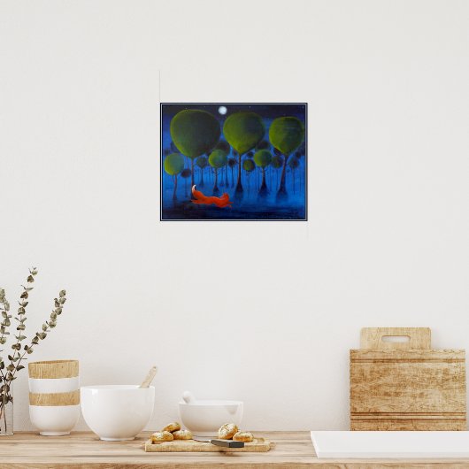 Rode vos met bomen in de nacht. poster (Keuken)