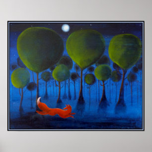 Rode vos met bomen in de nacht. poster
