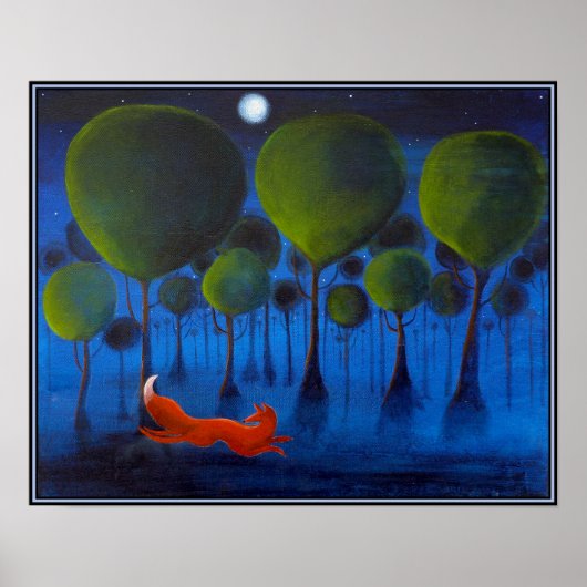 Rode vos met bomen in de nacht. poster (Voorkant)