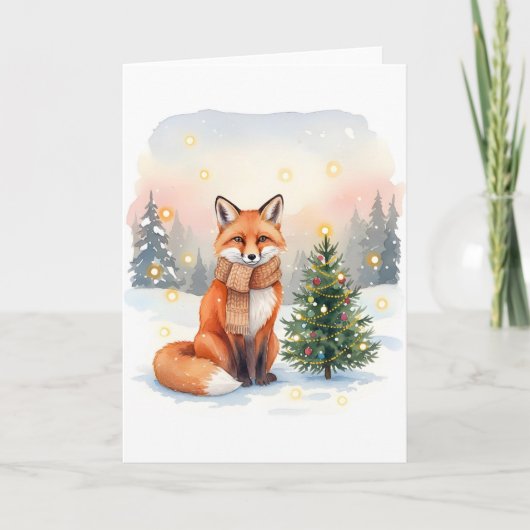 Rode Vos met Bruine Sjaal en Kerstboom Kaart (Voorkant)