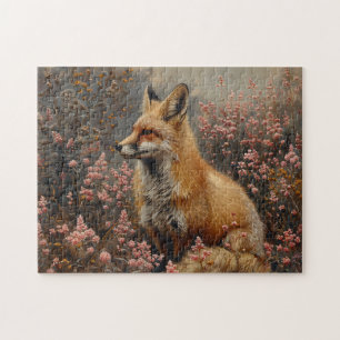 Rode vos met roze wilde bloemen schilderij legpuzzel