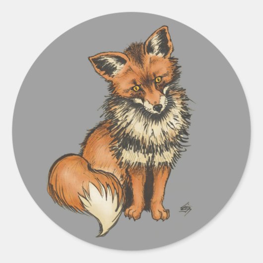 Rode vos op grijze achtergrond ronde sticker (Voorkant)