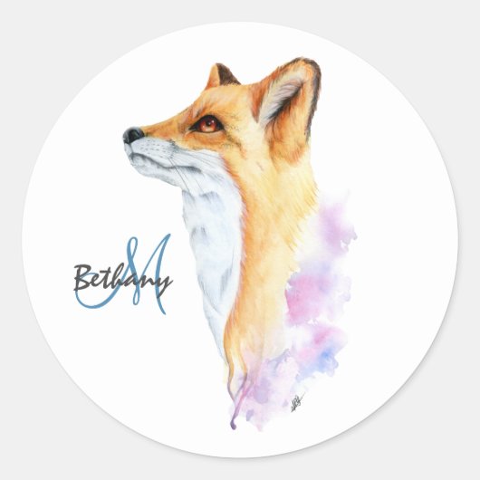 Rode Vos Watercolor Gepersonaliseerd Ronde Sticker (Voorkant)